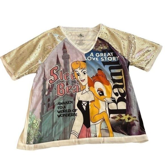 DISNEY SLEEPING BEAUTY BAMBI V-NECK SEQUIN TOP GIRLS Color White XL - Picture 1 of 7